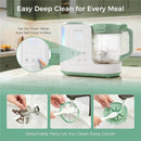 Momcozy Automeal Baby Food Maker showing control panel and detachable parts for easy cleaning under running water.