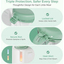 Momcozy Automeal Baby Food Maker with a secured lid, heat alert, and design elements for safe food preparation.