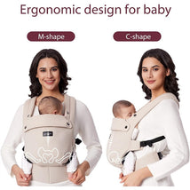 Momcozy Baby Carrier in khaki, showing ergonomic designs for M-shape and C-shape carrying positions with an infant.