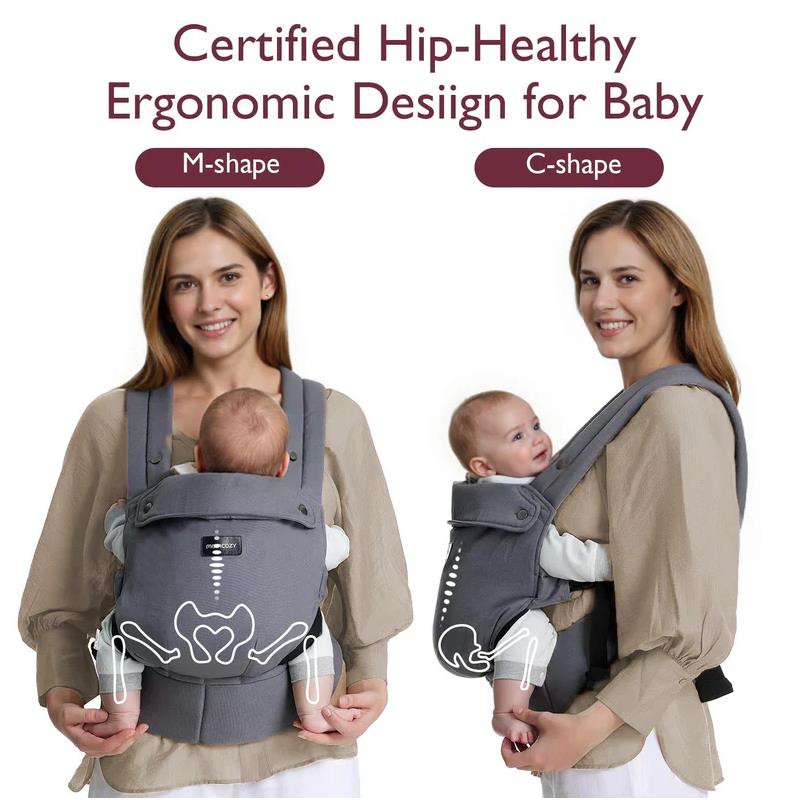 Momcozy baby carrier in grey, featuring ergonomic M-shape and C-shape designs for hip health, shown with a mother and baby.