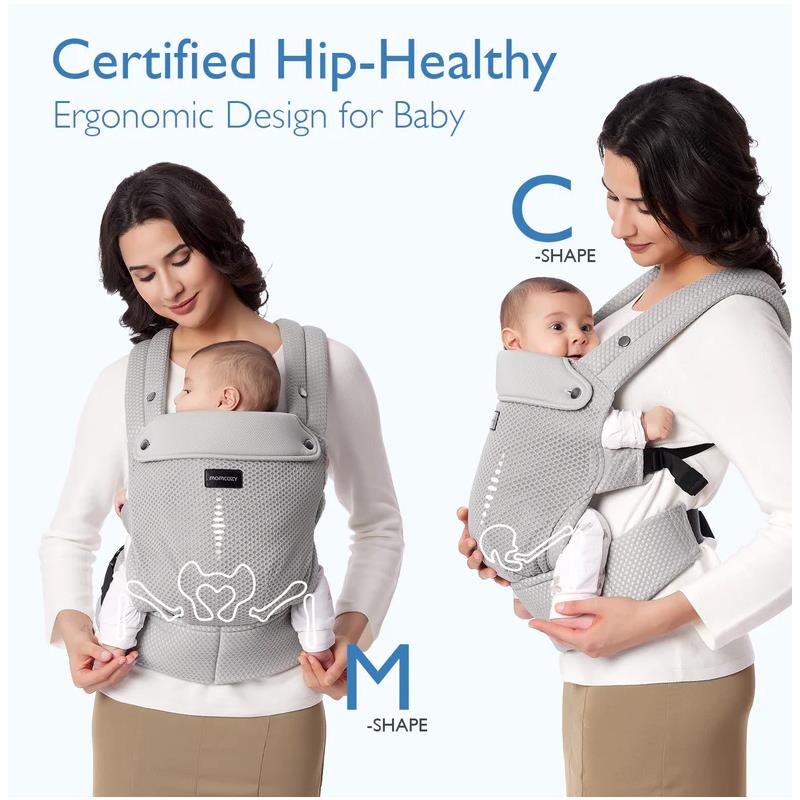 Momcozy baby carrier in mesh grey, showcasing ergonomic design options for hip health with C and M shapes for infants.
