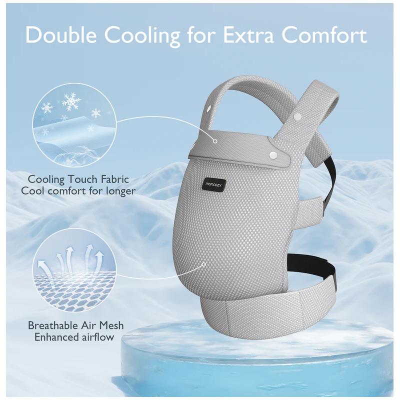 Baby carrier in mesh grey with cooling fabric and breathable air mesh, designed for comfort from newborn to toddler.