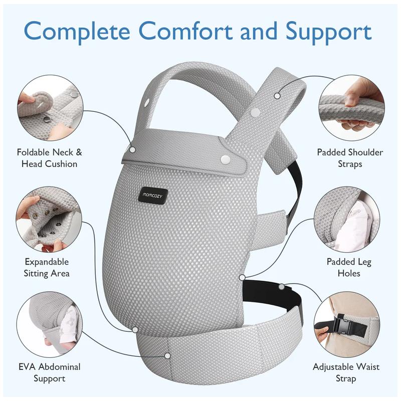 Momcozy baby carrier in mesh grey features padded shoulder straps, an expandable sitting area, and a foldable neck cushion.