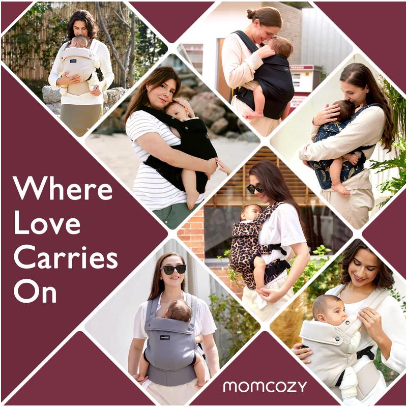Momcozy baby carrier in mesh grey shown with mothers carrying infants in various styles and settings, highlighting comfort and versatility.