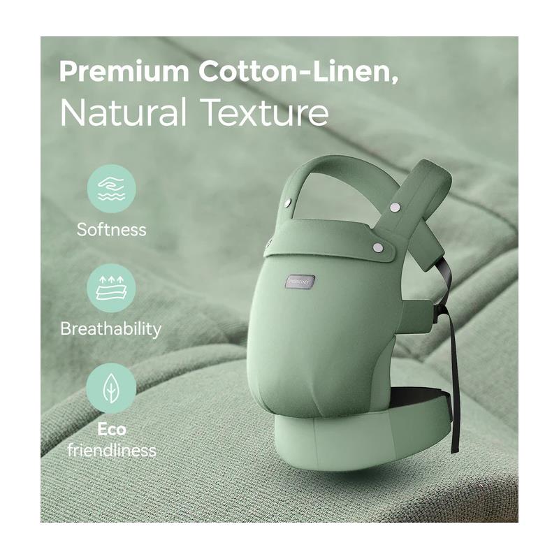 Sage green Momcozy baby carrier made of premium cotton-linen, highlighting softness, breathability, and eco-friendliness.