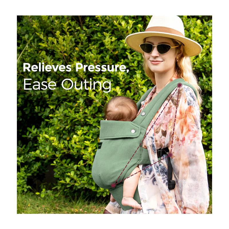 Momcozy baby carrier in sage green, worn by a woman, features a baby snugly held, with text highlighting comfort and ease of outings.