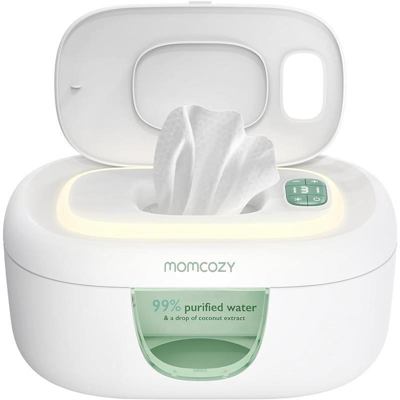 Momcozy Baby Wipe Warmer with wipes partially visible, featuring a soft light and a control panel for temperature settings.