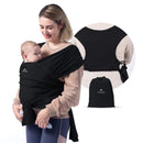 Momcozy black baby wrap carrier showcasing a smiling woman holding a baby securely against her chest.