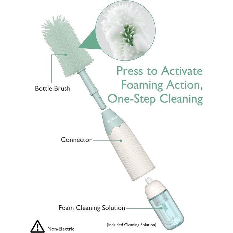 Momcozy Bottle Brush Kit featuring foaming action for easy cleaning, includes brush, connector, and foam cleaning solution.