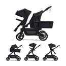 Convertible Momcozy ChangeGo stroller, configured for single, double, or wagon use, features a sleek black design.