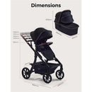 Momcozy ChangeGo Baby Stroller displayed with dimensions for the stroller and bassinet noted in millimeters.
