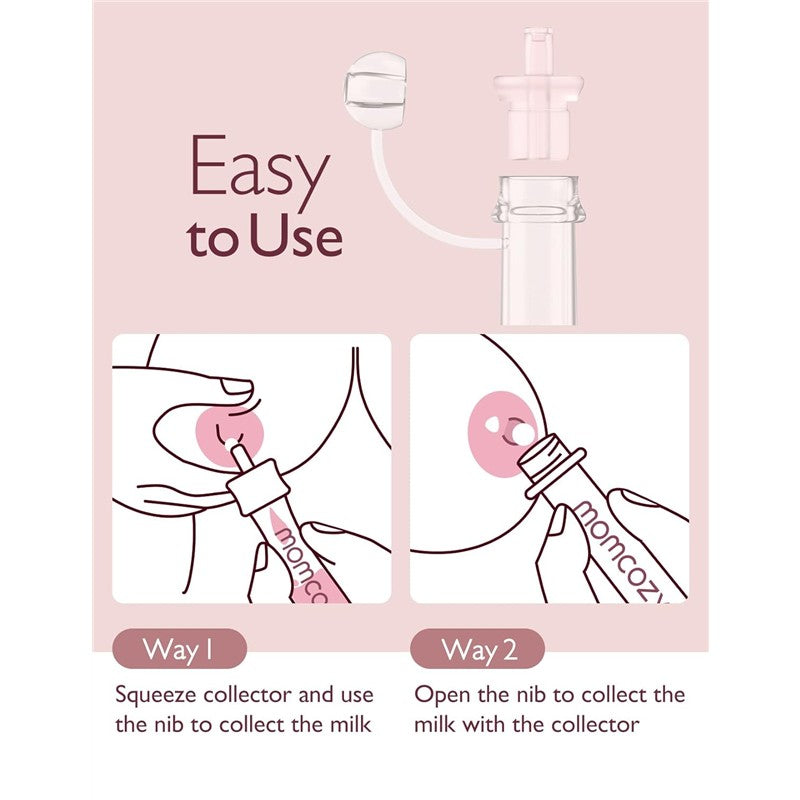 Momcozy Colostrum Reusable Breast Milk Collector with instructions for use: squeeze or open the nib to collect milk.