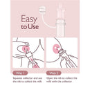 Momcozy Colostrum Reusable Breast Milk Collector with instructions for use: squeeze or open the nib to collect milk.