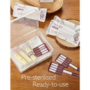 Momcozy Colostrum Reusable Breast Milk Collector in a clear box with two collector containers, labels, and pre-sterilized packaging.