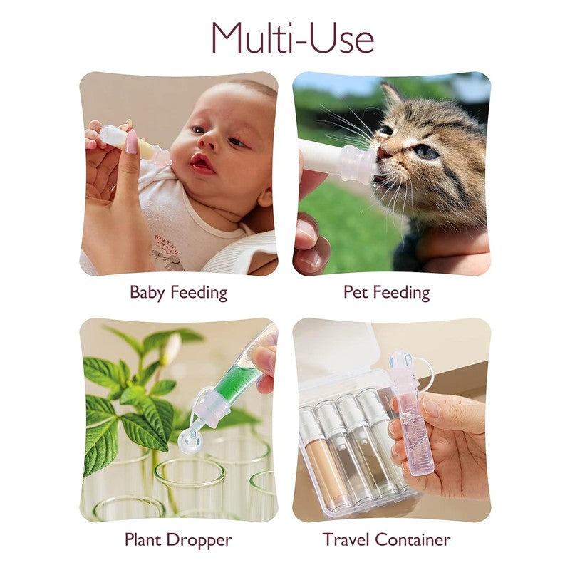 Reusable breast milk collector shown in multi-use scenarios: baby feeding, pet feeding, plant dropper, and travel container.