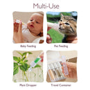 Reusable breast milk collector shown in multi-use scenarios: baby feeding, pet feeding, plant dropper, and travel container.