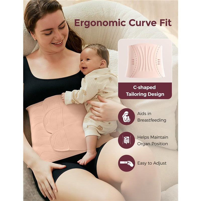 Momcozy Ergowrap™ Postpartum Belly Wrap on a woman holding a baby; features ergonomic design for support and adjustment.
