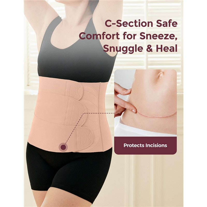 Postpartum belly wrap displayed on a woman, emphasizing comfort and support for C-section recovery, with a close-up of an incision.