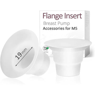 Flange insert for breast pump, 19 mm size, BPA free, displayed with packaging labeled for M5 accessories.