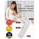 Momcozy J-Shaped Maternity Body Pillow with labels for head, neck, belly, and legs, alongside awards for recognition.