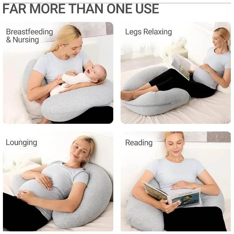 J-shaped maternity body pillow displayed in four uses: breastfeeding, relaxing legs, lounging, and reading, featuring women and a baby.