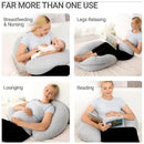 J-shaped maternity body pillow displayed in four uses: breastfeeding, relaxing legs, lounging, and reading, featuring women and a baby.