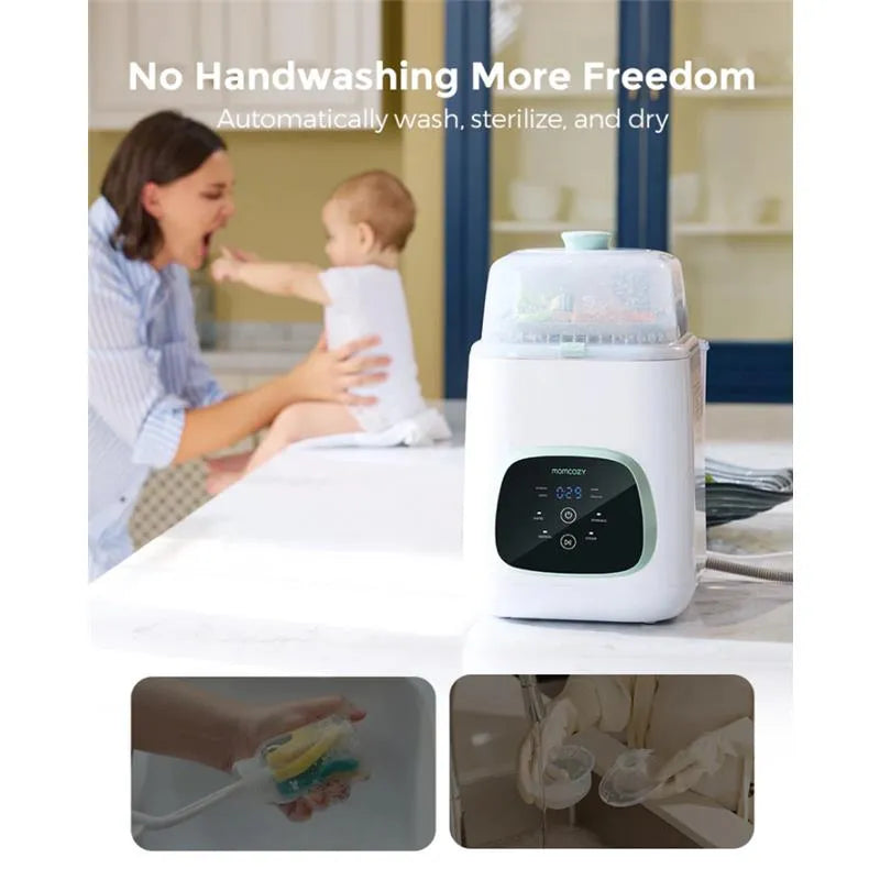 Momcozy KleanPal Pro Baby Bottle Washer and Sterilizer on a countertop, with a parent and child in the background.