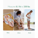 Multi-function baby scale measuring weights from 0.1 lb to 330 lbs, shown with a baby, infant, and adult.