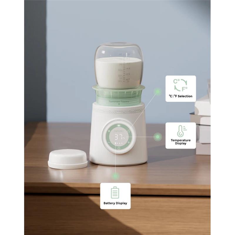 Portable Bottle Warmer MW03 by Momcozy, featuring a milk bottle, temperature display, and battery indicators.