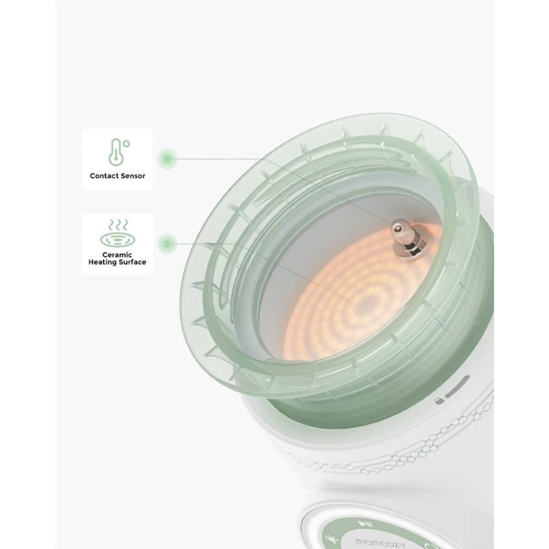 Portable Momcozy MW03 bottle warmer with a ceramic heating surface and a contact sensor feature indicated.