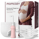 Postpartum recovery kit by Momcozy, featuring various products including a cleansing bottle, foam, and pads, displayed next to a pregnant woman.
