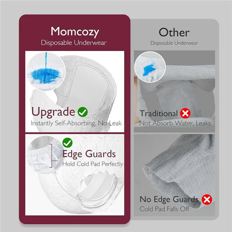 Momcozy disposable underwear comparison showing features like self-absorbing upgrade and edge guards versus traditional options.