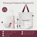 Postpartum recovery kit by Momcozy, featuring disposable underwear, peri bottle, cooling foam, and instant cool pads in a canvas bag.