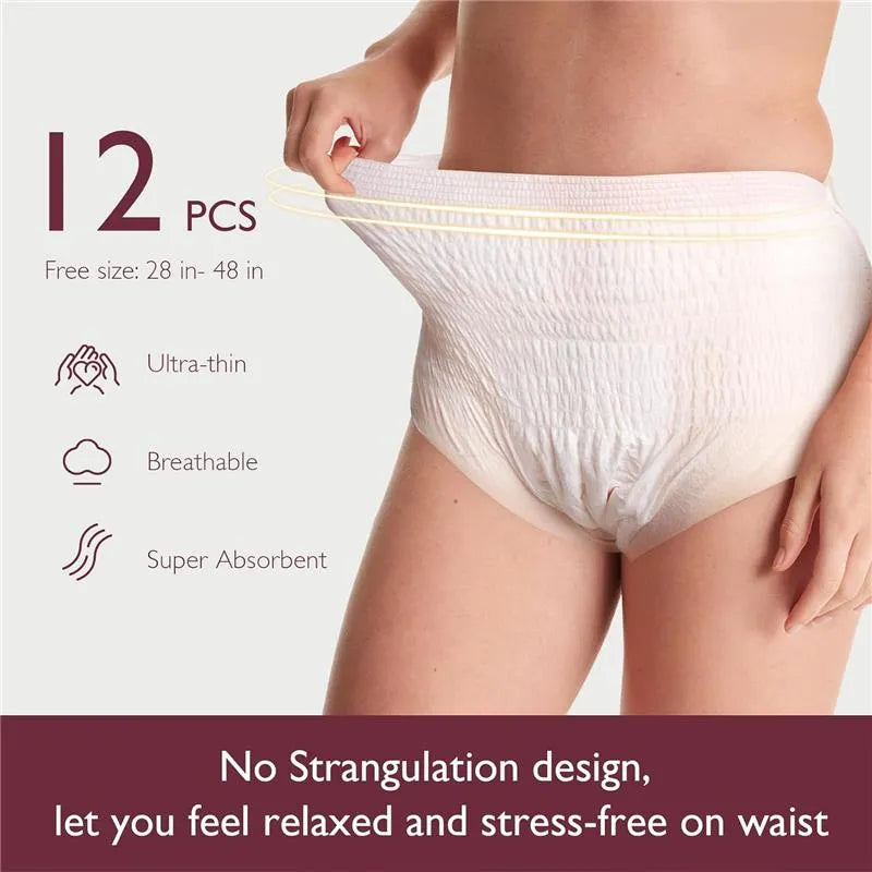 Postpartum recovery kit featuring ultra-thin, breathable, super absorbent underwear; 12 pieces, fits 28-48 inches.