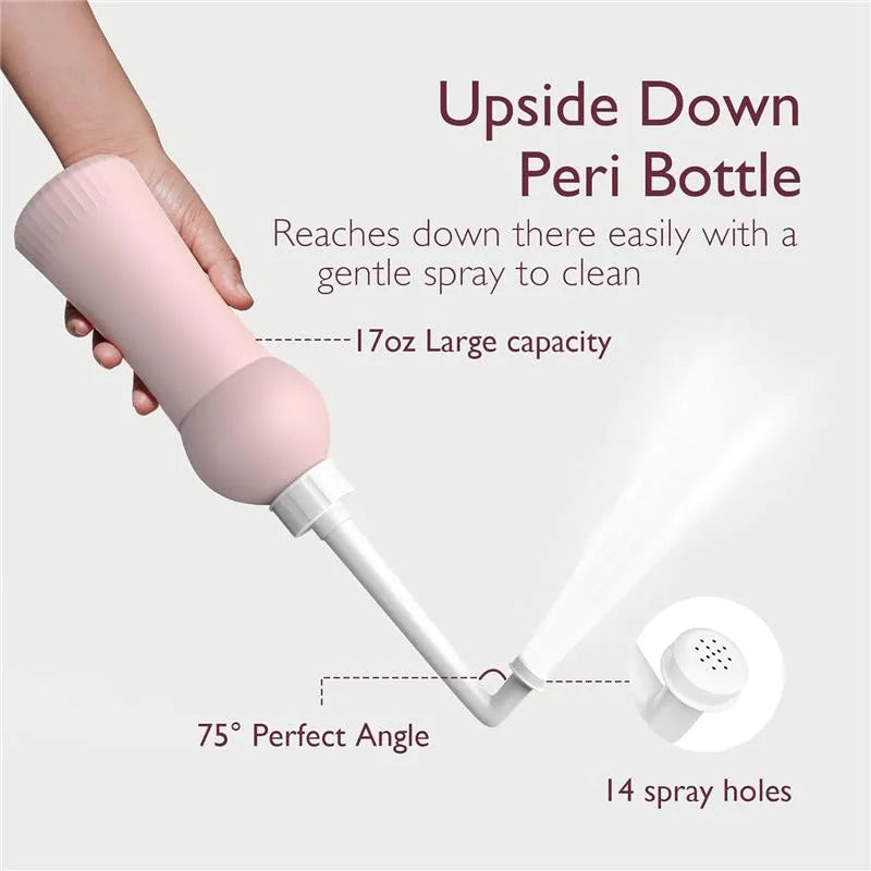 Upside Down Peri Bottle shown being held, featuring a 17oz capacity, 14 spray holes, and a 75° angle for easy use.