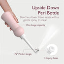Upside Down Peri Bottle shown being held, featuring a 17oz capacity, 14 spray holes, and a 75° angle for easy use.