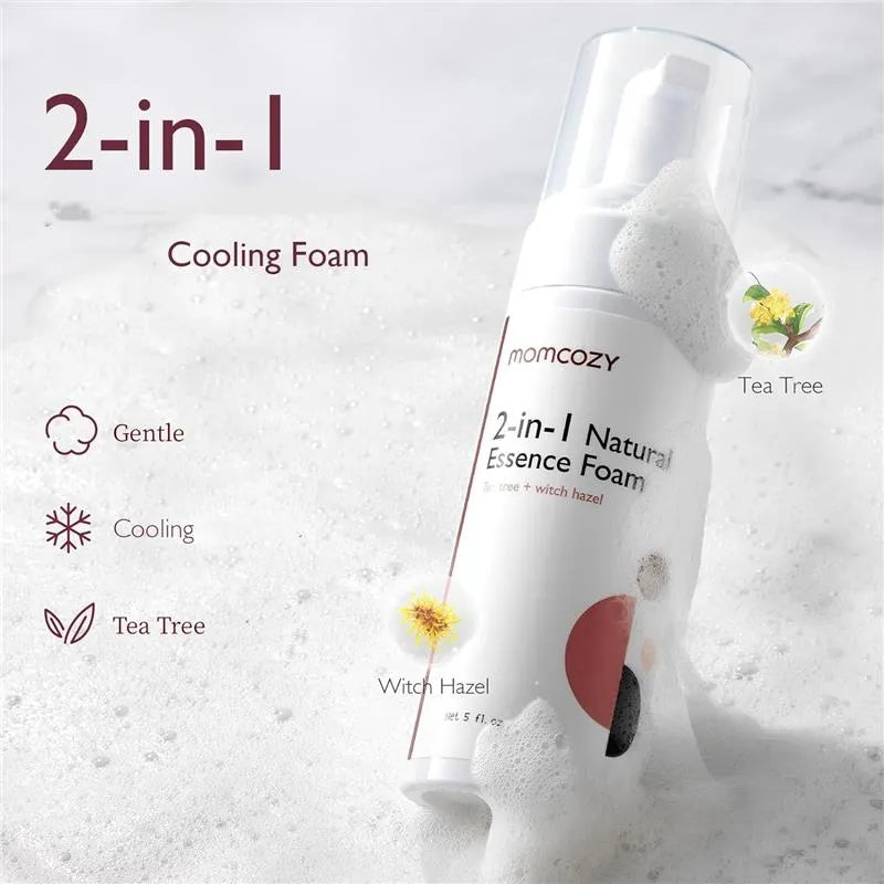 Momcozy 2-in-1 Natural Essence Foam bottle with cooling foam, featuring tea tree and witch hazel ingredients.
