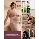Pregnant woman wearing a Momcozy pregnancy belly band while engaging in daily activities like cooking, exercising, and walking.
