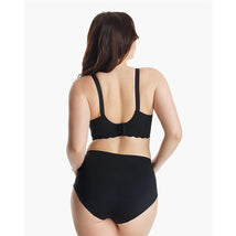 Seamless black nursing bra with floral design, styled for comfort and support, shown on a model from the back.