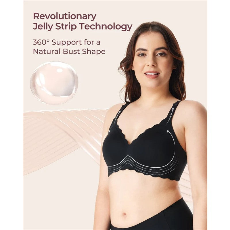 Seamless black nursing bra featuring scalloped edges and white stitching, highlighting 360° support and Jelly Strip technology.