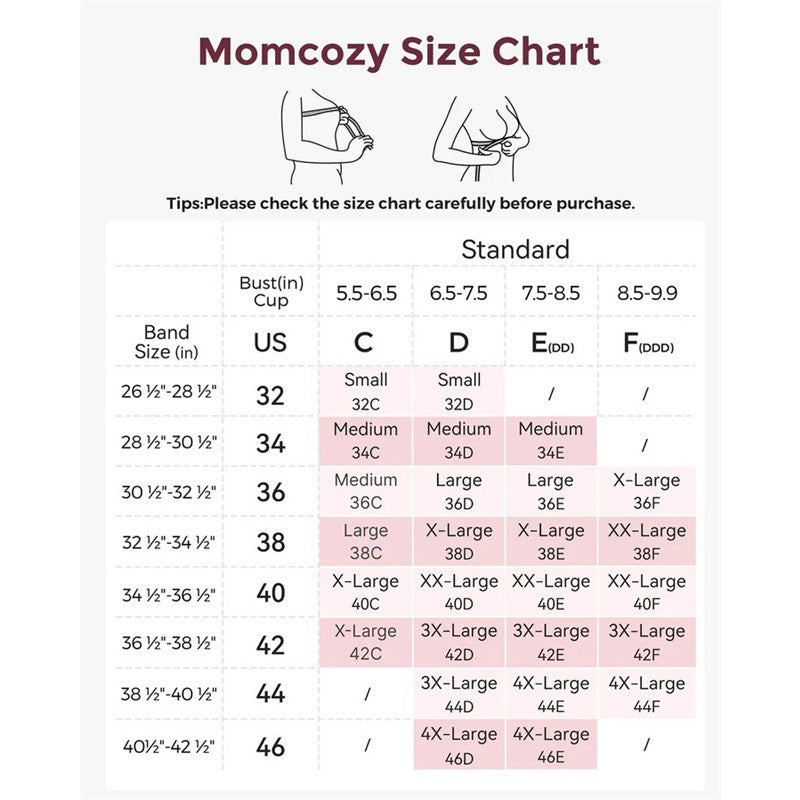 Momcozy size chart for the Seamless Floral Push Up Nursing Bra, detailing band and cup sizes.