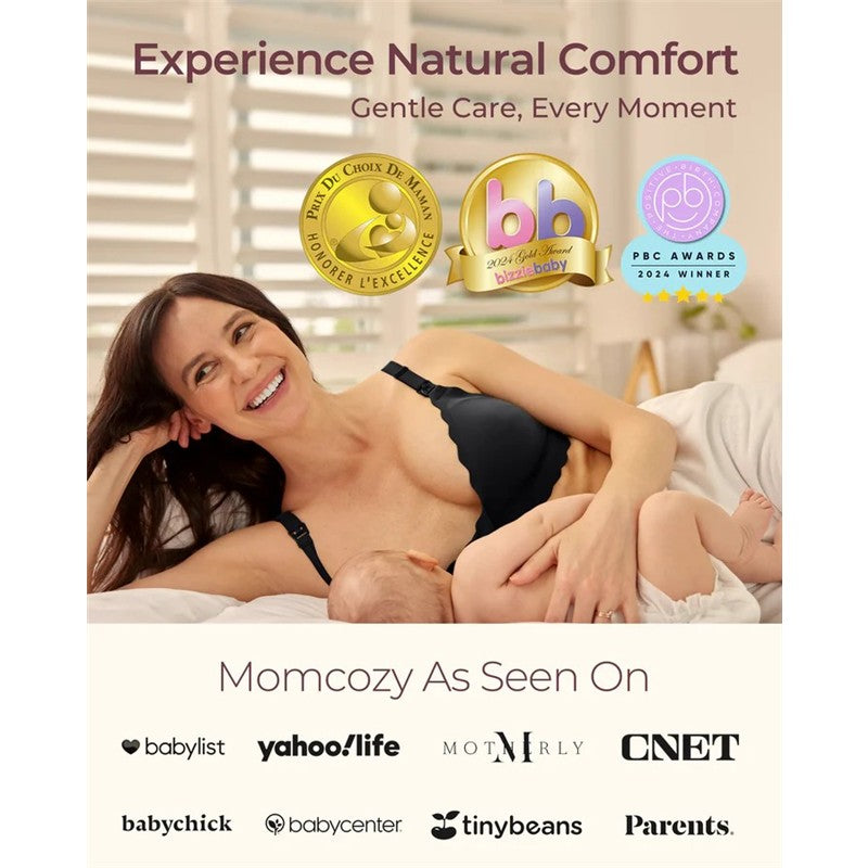 Black seamless floral push-up nursing bra worn by a smiling woman holding a baby, promoting comfort and gentle care.