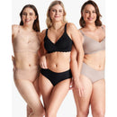 Three women modeling the Momcozy seamless floral push-up nursing bras in black, nude, and beige, paired with matching underwear.