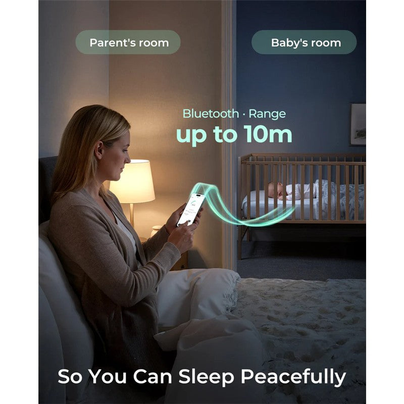 Momcozy Smart Baby Thermometer displayed with a mother using a smartphone to monitor a baby in a crib; Bluetooth range up to 10m.