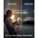 Momcozy Smart Baby Thermometer displayed with a mother using a smartphone to monitor a baby in a crib; Bluetooth range up to 10m.