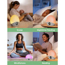 Momcozy Sunrise Alarm Clock Wake Up Light Sound Machine shown in scenes of sleep, nighttime feeding, mindfulness, and reading activities.