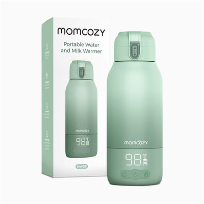 Portable Momcozy water and milk warmer in mint green with a digital temperature display on the base.