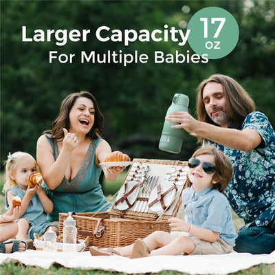 Momcozy Superfast Portable Breast Milk & Water Warmer shown in a family picnic scene, emphasizing its 17 oz capacity for multiple babies.