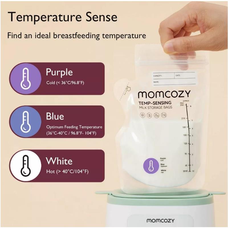 Temp-sensing breastmilk storage bag from Momcozy, showing color indicators for temperature: purple (cold), blue (optimal), white (hot).