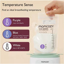 Temp-sensing breastmilk storage bag from Momcozy, showing color indicators for temperature: purple (cold), blue (optimal), white (hot).